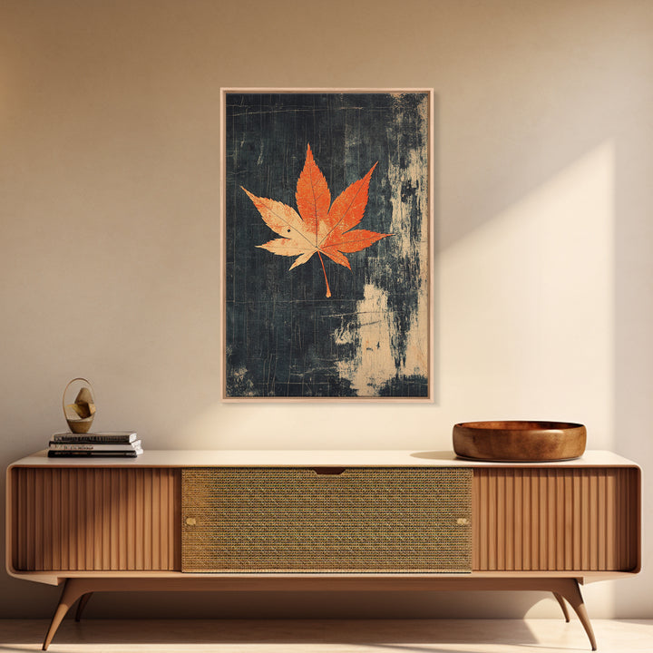 Orange Maple Leaf On Dark Texture Canvas Print, Autumn Wall Art, Botanical Print, Minimalist Decor, Nature Wall Art, Fall Decor