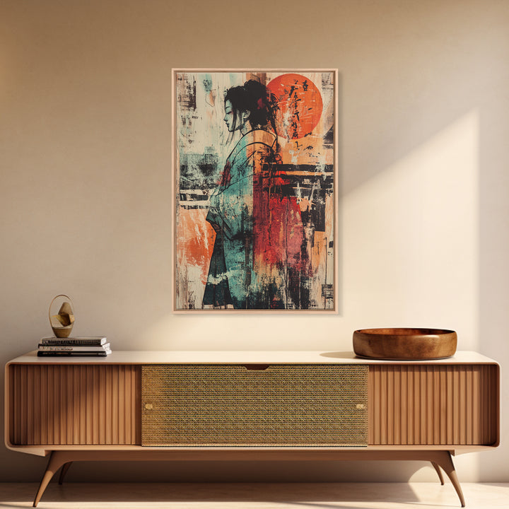 Abstract Kimono Woman With Red Sun Wall Art, Japanese Wall Art, Asian Inspired Decor, Feminine Wall Art, Modern Portrait Print