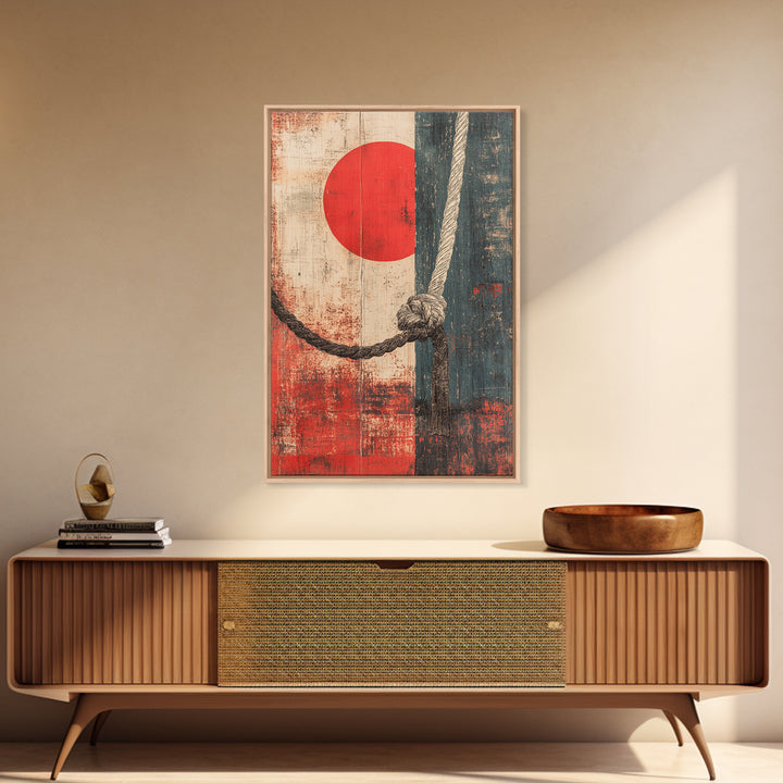 Nautical Rope Knot Wall Art, Red Sun Japanese Abstract Canvas Print, Coastal Decor, Masculine Office Wall Decor, Modern Home Decor