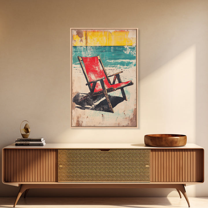 Red Beach Chair Wall Art, Turquoise Ocean Canvas Print, Retro Coastal Decor, Summer Beach House Gift For Her, Living Room Decor