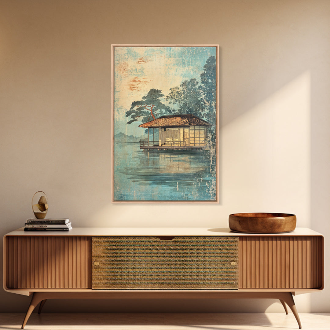 Misty Lakeside House Wall Art, Serene Japanese Landscape Canvas Print, Japandi Lake Decor, Neutral Living Room Art, Zen Home Decor