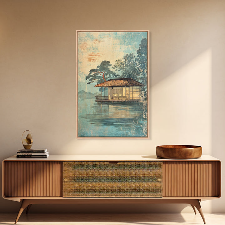 Misty Lakeside House Wall Art, Serene Japanese Landscape Canvas Print, Japandi Lake Decor, Neutral Living Room Art, Zen Home Decor