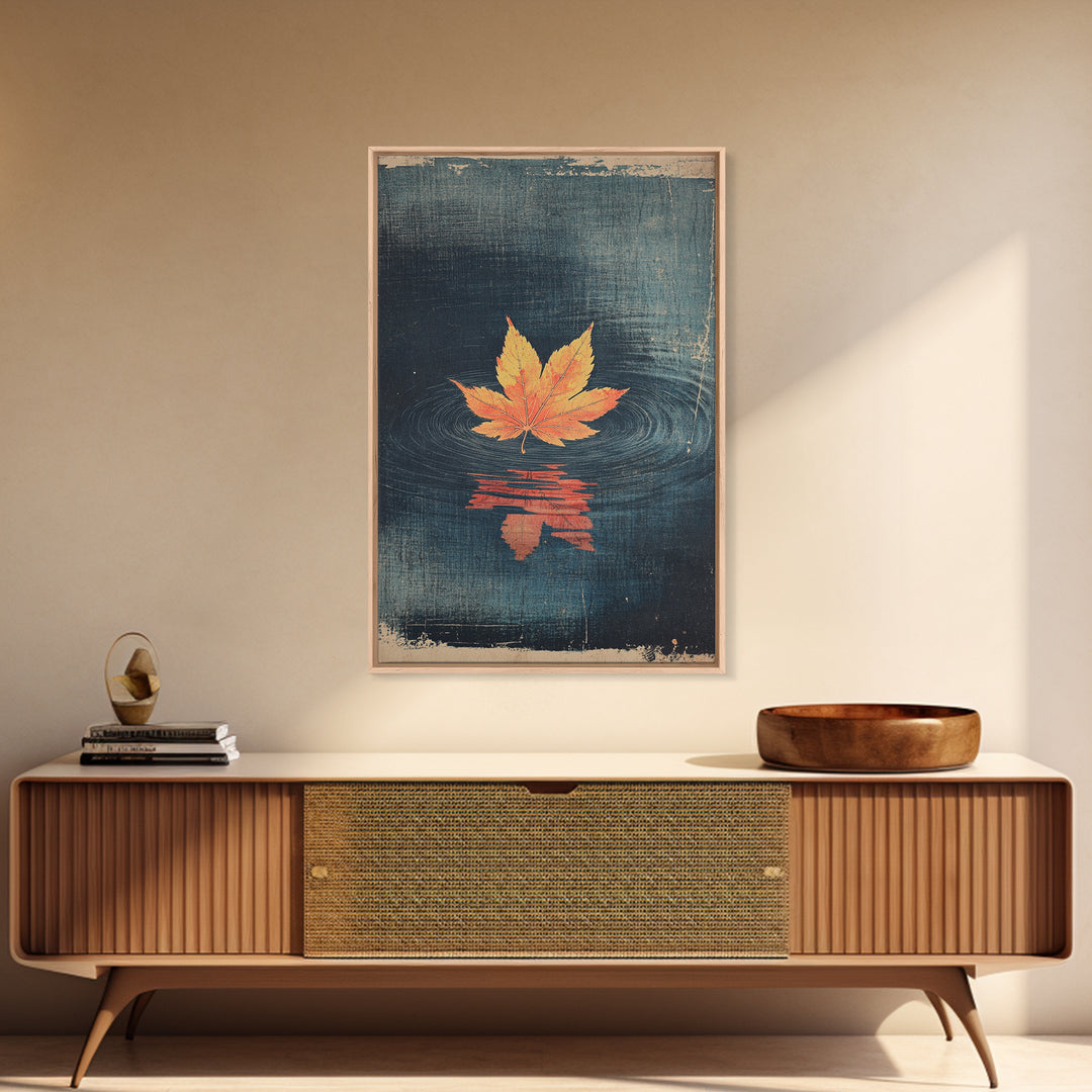 Floating Maple Leaf Wall Art, Dark Water Reflection Canvas Print, Japanese Autumn Decor, Minimalist Nature Art, Japandi Wall Decor