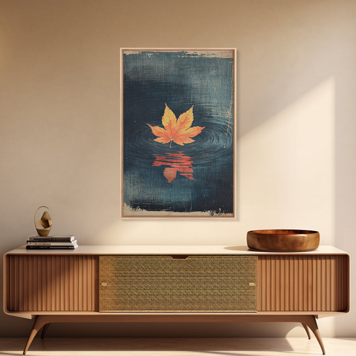 Floating Maple Leaf Wall Art, Dark Water Reflection Canvas Print, Japanese Autumn Decor, Minimalist Nature Art, Japandi Wall Decor