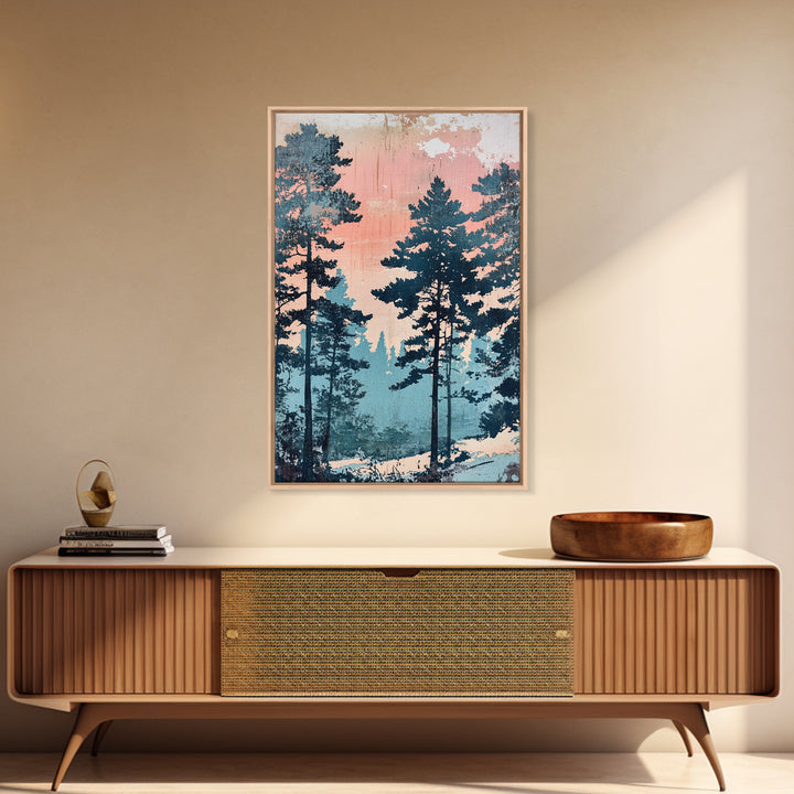 Misty Pine Forest Sunrise Wall Art, Pink Blue Nature Landscape Print, Scandinavian Decor, Calming Bedroom Or Office Decor