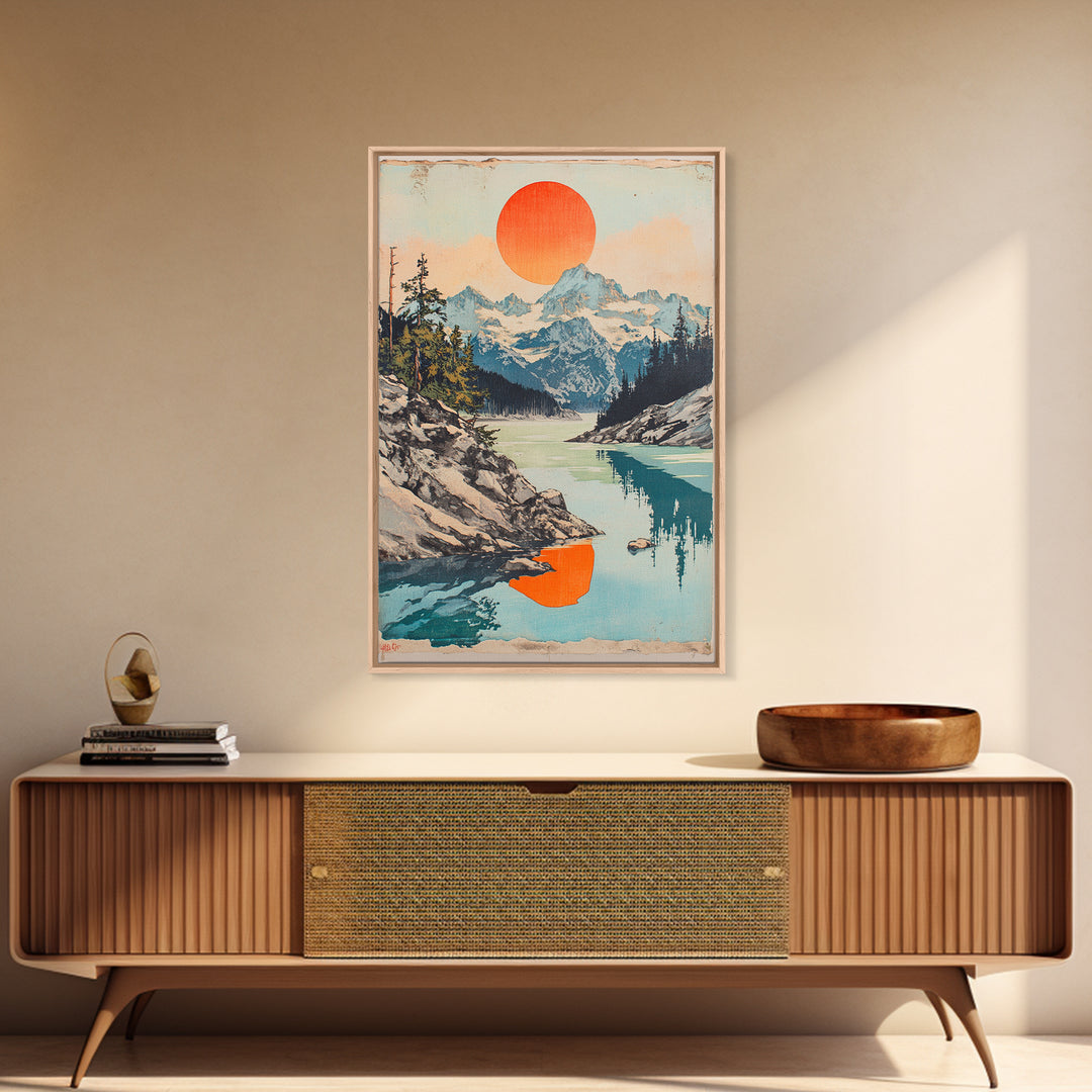 Alpine Lake And Snowy Mountains Wall Art, Orange Sun Landscape Print, Scandinavian Nature Decor, Large Canvas Print For Living Room