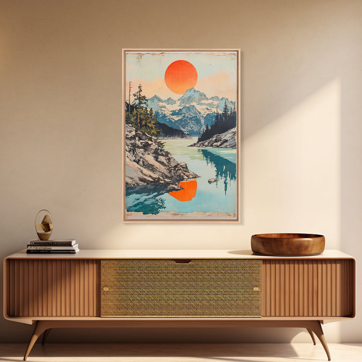 Alpine Lake And Snowy Mountains Wall Art, Orange Sun Landscape Print, Scandinavian Nature Decor, Large Canvas Print For Living Room