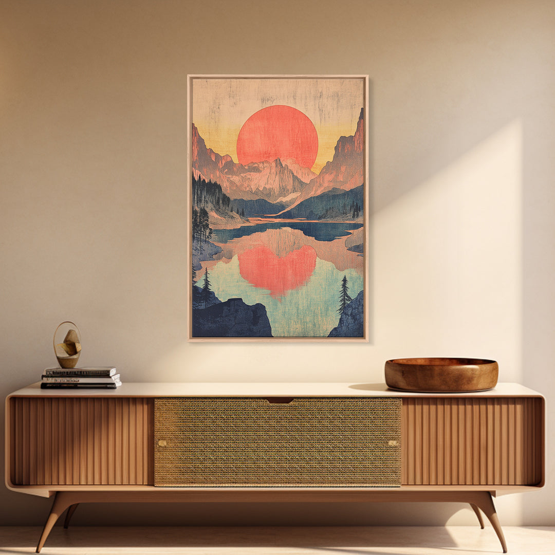 Red Sun Mountain Lake Wall Art, Japanese Landscape Print, Retro Nature Poster, Scenic Living Room Decor, Large Canvas Art