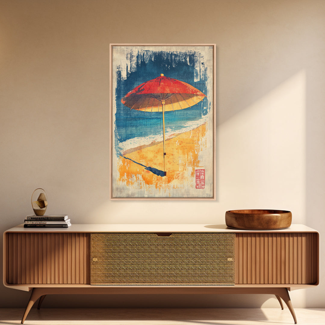Red Beach Umbrella Canvas Print, Coastal Wall Art, Summer Beach House Decor, Tropical Ocean Poster, Bright Bathroom Wall Decor