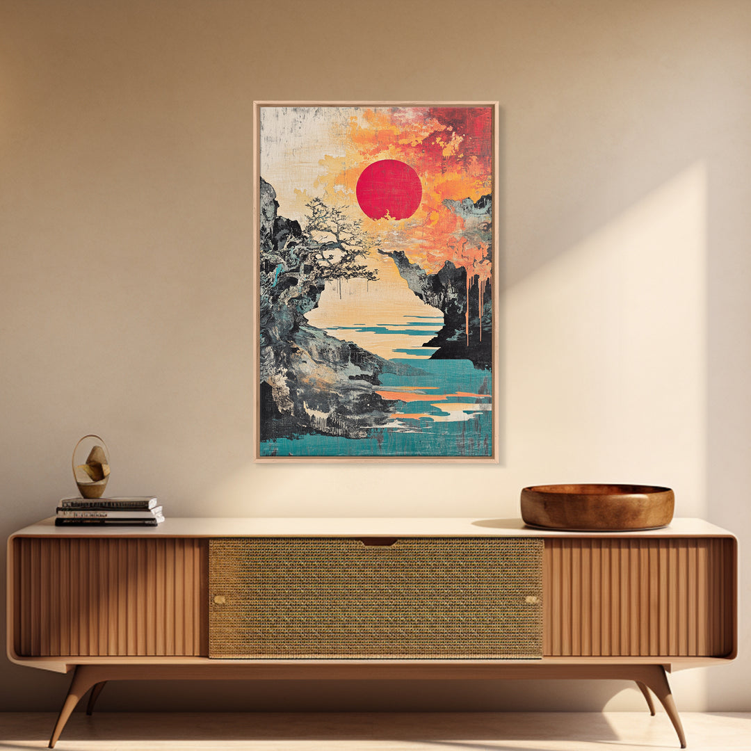 Dramatic Rocky Cove Sunset Red Sun Canvas Print, Japanese Mountain Landscape Art, Coastal Wall Decor, Modern Japandi Living Room Art