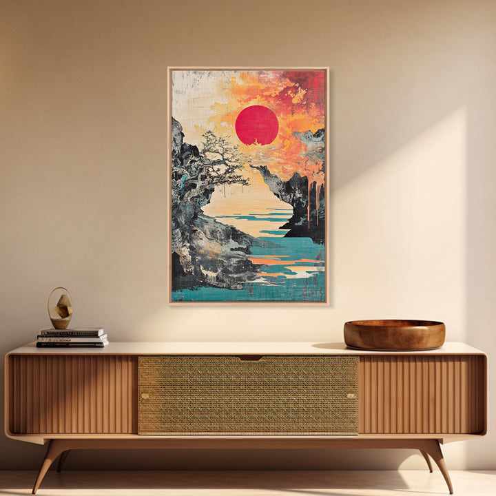 Dramatic Rocky Cove Sunset Red Sun Canvas Print, Japanese Mountain Landscape Art, Coastal Wall Decor, Modern Japandi Living Room Art