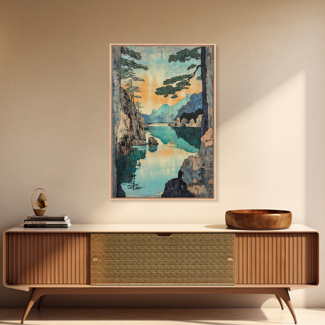 Turquoise Mountain Lake And Pine Cliffs Wall Art, Japanese Landscape Print, Serene Nature Decor, Japandi Calming Bedroom Art