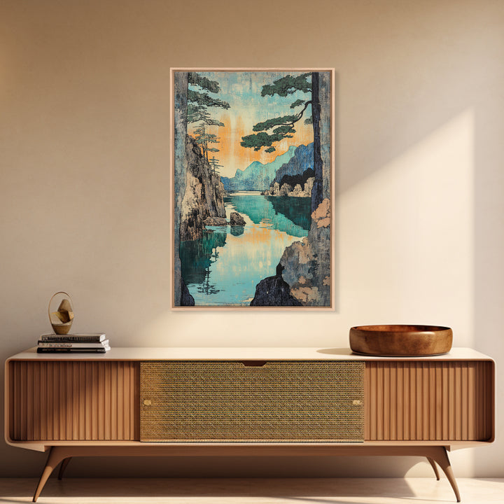 Turquoise Mountain Lake And Pine Cliffs Wall Art, Japanese Landscape Print, Serene Nature Decor, Japandi Calming Bedroom Art