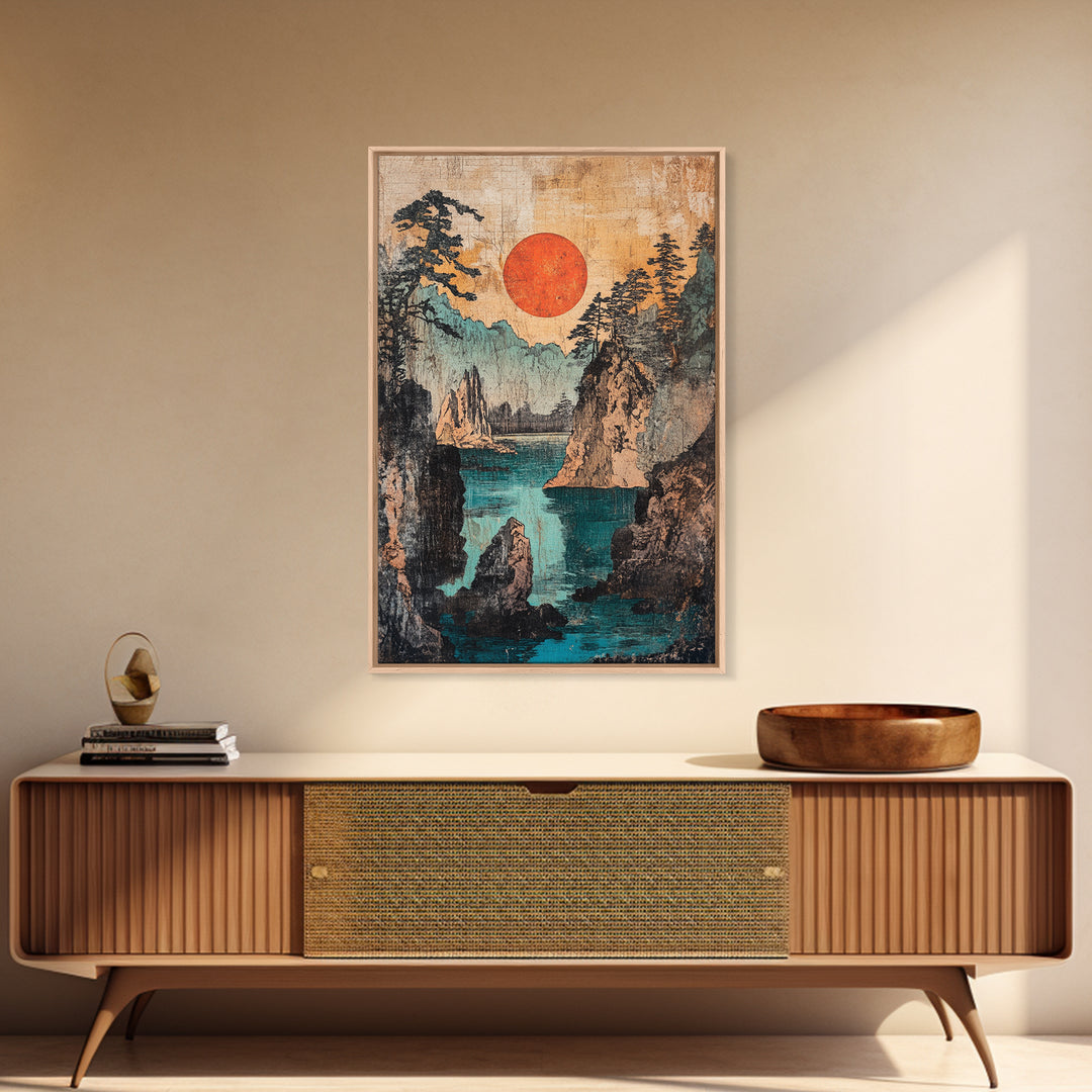 Red Sun Over Rugged Mountain Cove Framed Canvas Print, Japanese Landscape Art, Coastal Wall Decor, Large Living Room Art