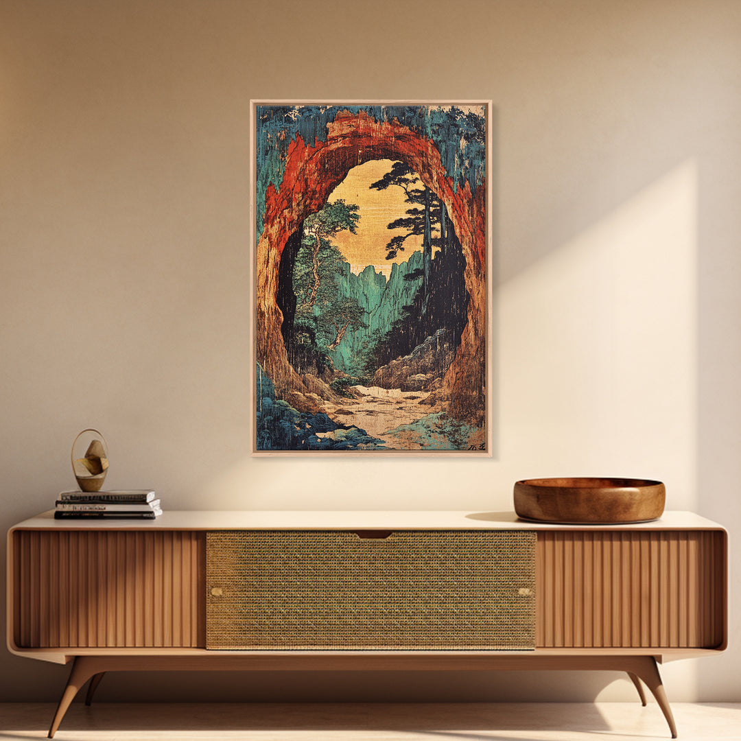 Cave Arch Forest Path And Mountain View Wall Art, Japanese Woodblock Style Print, Rustic Japandi Decor, Statement Artwork