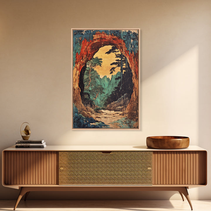 Cave Arch Forest Path And Mountain View Wall Art, Japanese Woodblock Style Print, Rustic Japandi Decor, Statement Artwork