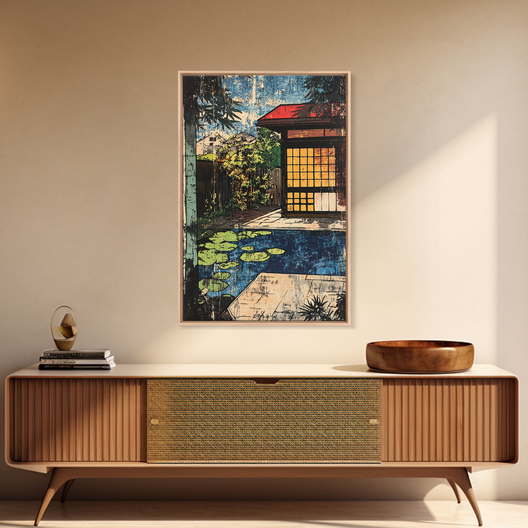 Japanese Tea House By Koi Pond And Glowing Garden Wall Art, Japandi Canvas Print, Zen Home Decor, Serene Living Room Decor