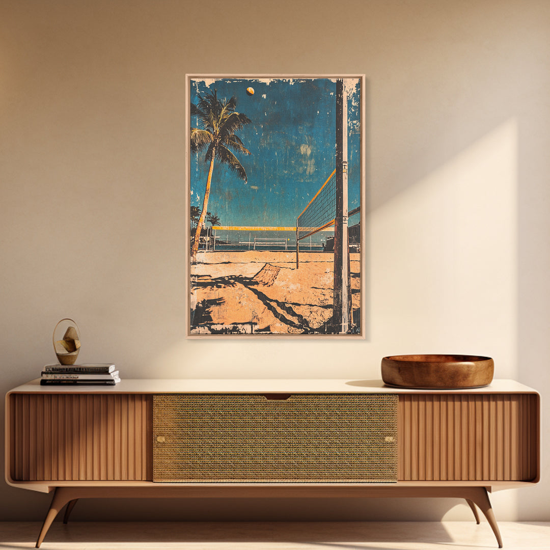 Beach Volleyball Court With Palm Tree And Ocean Wall Art, Tropical Coastal Canvas Print, Summer Decor For Modern Beach House