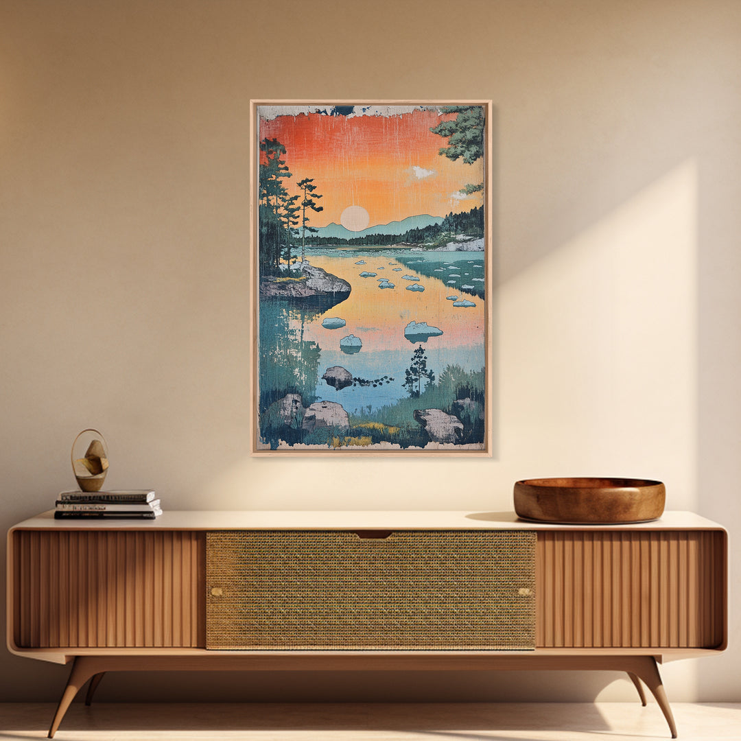 Orange Sunset Lake Landscape Canvas Print, Mountain Wall Art, Japandi Nature Print, Cabin Decor, Living Room Wall Art, Housewarming Gift