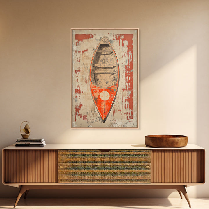 Red Canoe From Above Wall Art, Rustic Boat Canvas Print, Nautical Lake House Decor, Minimalist Coastal Gift For Him, Home Decor