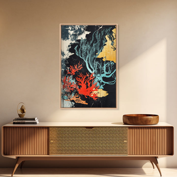 Red Coral And Teal Seaweed Wall Art, Japanese Ocean Canvas Print, Coastal Bathroom Decor, Abstract Marine Life Art Print
