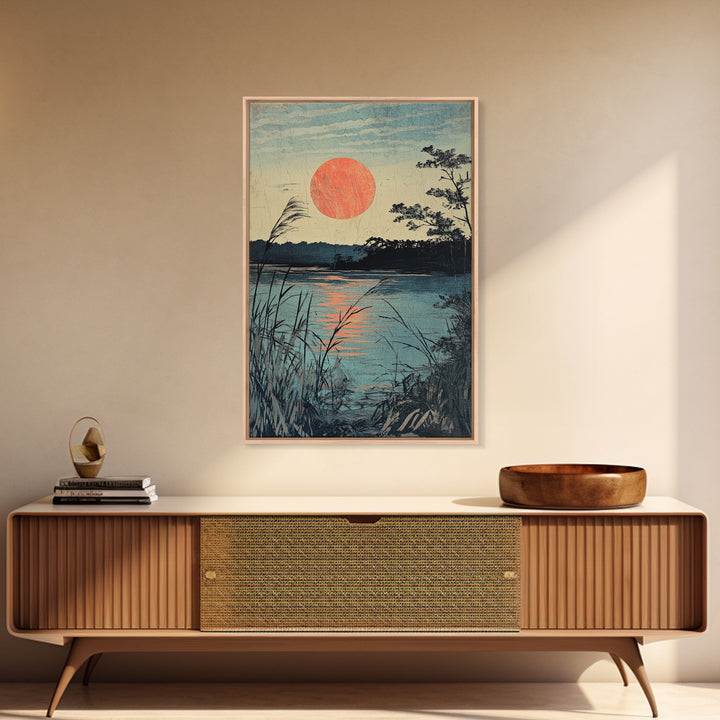 Quiet Lake Sunset With Reeds Wall Art, Japanese Landscape Canvas Print, Tranquil Coastal Decor, Serene Nature Fine Art Print