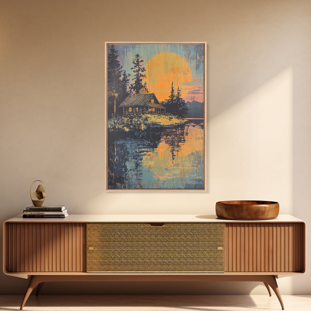 Moonlit Cabin Lake Wall Art, Forest Reflection Canvas Print, Rustic Landscape Poster, Cozy Lodge Living Room Decor, Home Decor