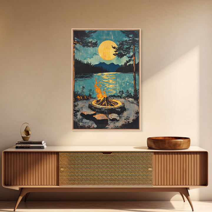Campfire Moon Lake Canvas Print, Rustic Cabin Wall Art, Forest Landscape Poster, Cozy Camping Decor Gift For Him, Man Cave Decor