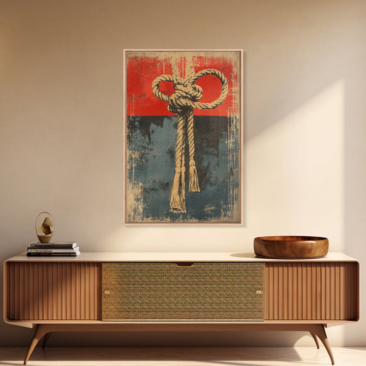 Nautical Rope Knot Canvas Print, Rustic Red And Blue Coastal Wall Decor, Maritime Art Print For Beach House And Man Cave