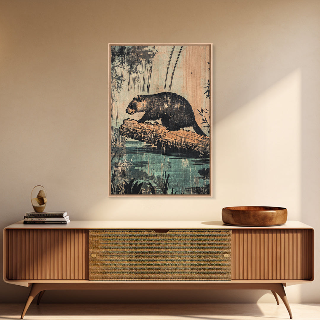 Black Bear On Log Wall Art, Rustic Wildlife Painting Style, Woodland Animal Decor, Cabin Nature Art Print For Living Room