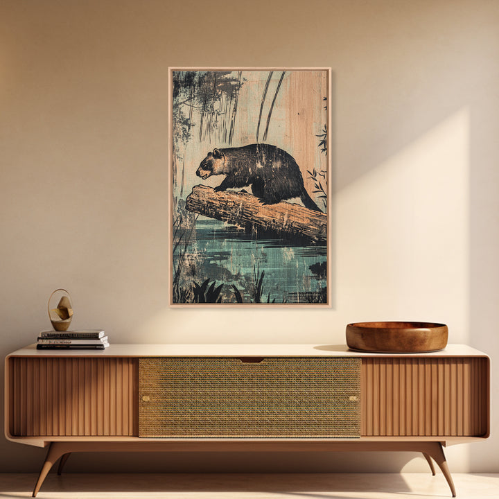 Black Bear On Log Wall Art, Rustic Wildlife Painting Style, Woodland Animal Decor, Cabin Nature Art Print For Living Room