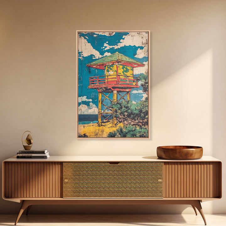 Colorful Beach Lifeguard Tower Wall Art, Retro Coastal Travel Poster, Tropical Ocean Decor, Summer Beach House Art Print