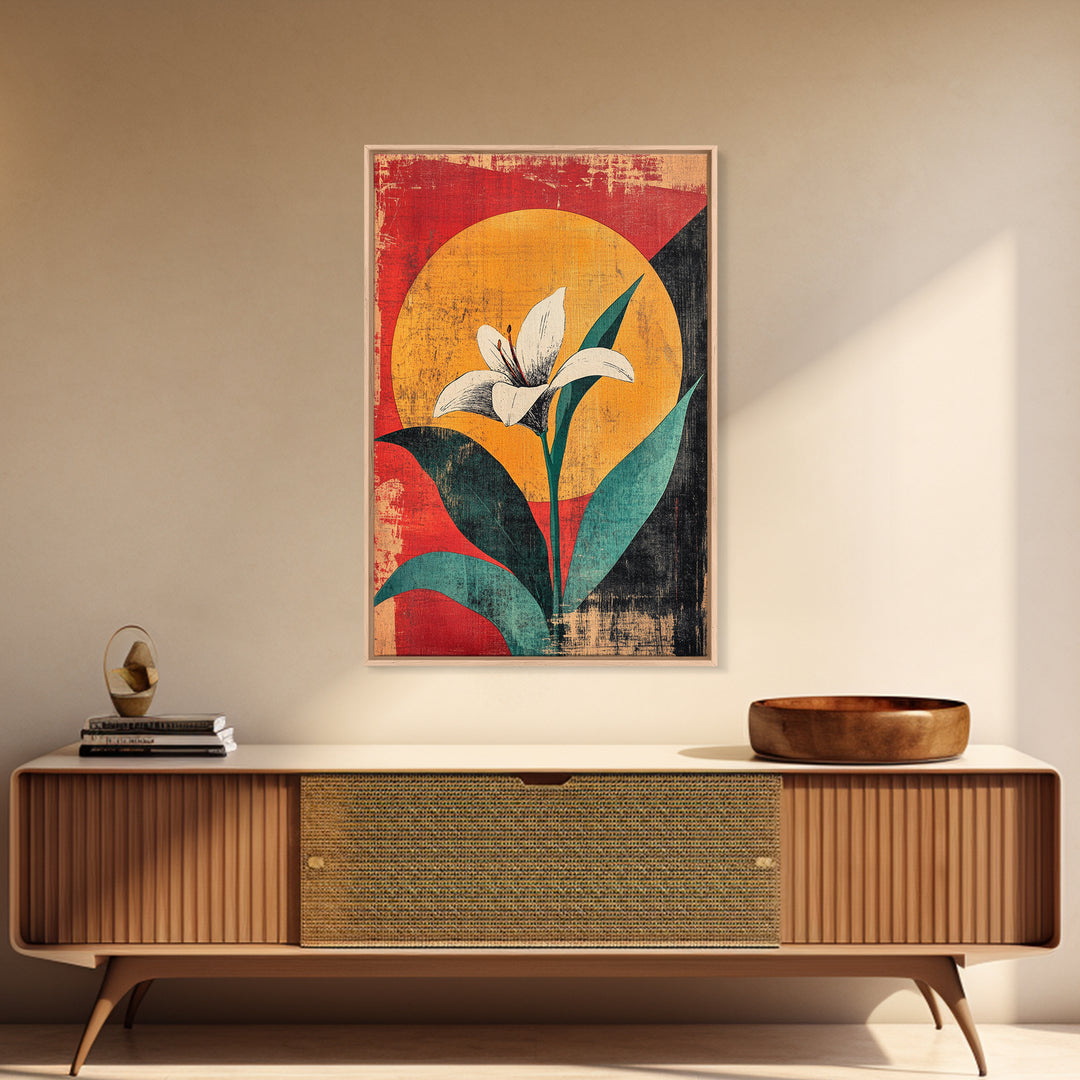 White Lily Flower Canvas Print, Bold Red Yellow Botanical Wall Decor, Mid Century Floral Art Print For Modern Living Room
