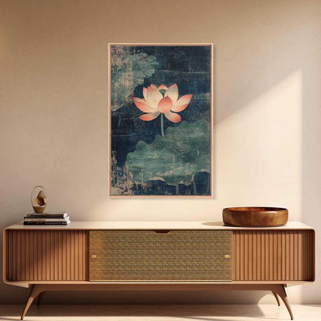 Pink Lotus Pond Wall Art, Dark Teal Botanical Canvas Print, Zen Water Lily Decor, Asian Inspired Spa And Meditation Room