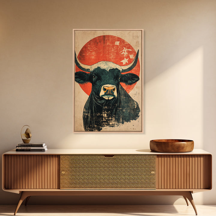 Black Bull Red Sun Canvas Print, Rustic Farm Animal Wall Art, Western Japandi Decor, Bold Kitchen Art, Housewarming Gift