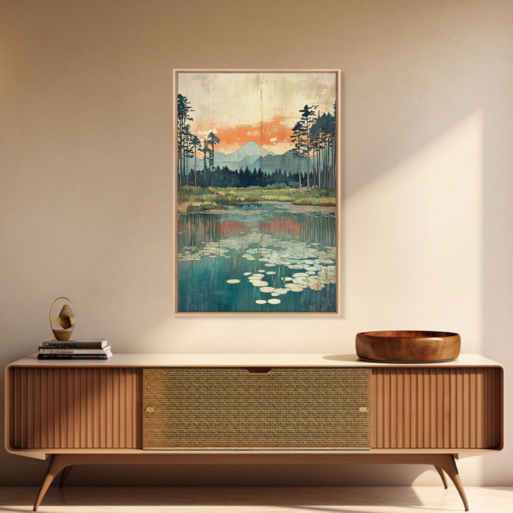 Mountain Lake Lily Pads Framed Canvas Print, Serene Landscape Wall Art, Japandi Nature Decor, Living Room Home Decor, Office Wall Art
