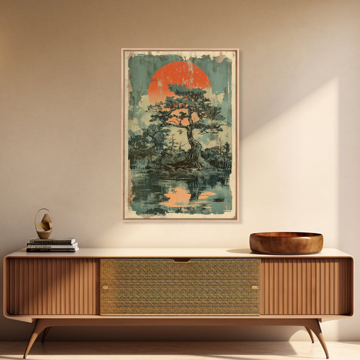 Pine Tree Island Red Sun Wall Art, Moody Japanese Landscape Print, Japandi Lake Decor, Serene Nature Framed Canvas Print