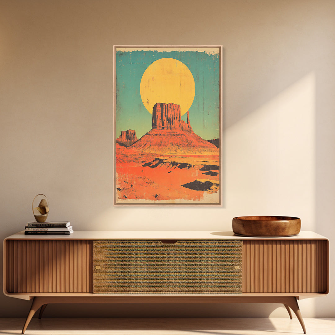 Desert Mesa With Golden Sun Canvas Print, Southwestern Wall Art, Retro Western Landscape Poster, Boho Earth Tone Decor Gift
