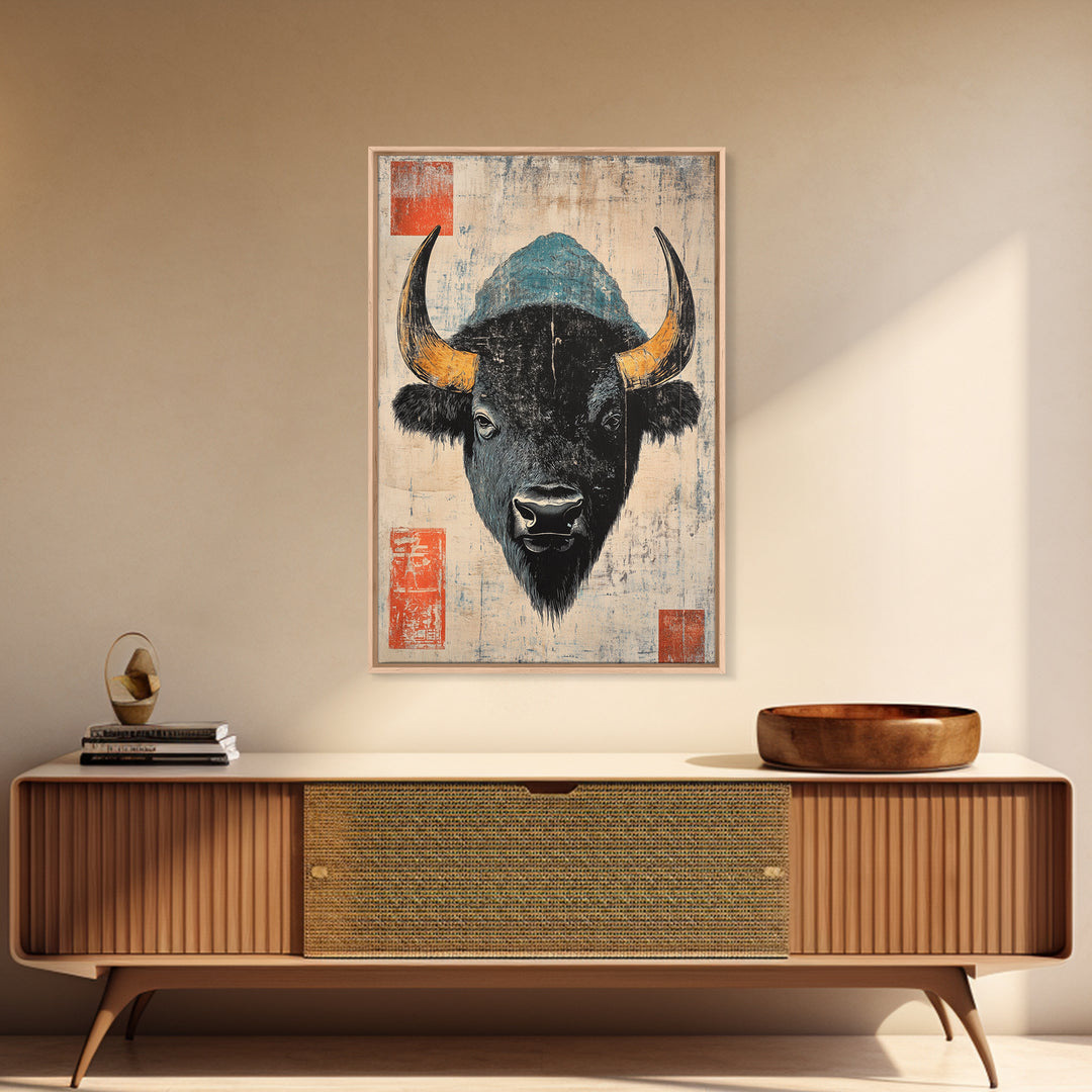 Black Bison Portrait Wall Art, Rustic Wildlife Art Print, Western Animal Wall Decor, Lodge Cabin Canvas Print Gift For Him
