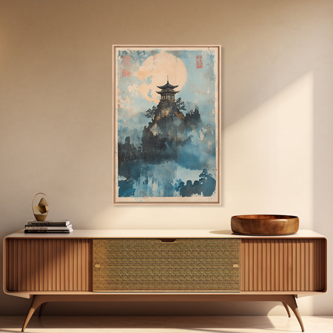 Misty Pagoda Moon Wall Art, Japanese Landscape Art Print, Zen Asian Wall Decor, Meditation Room Framed Canvas Print Gift