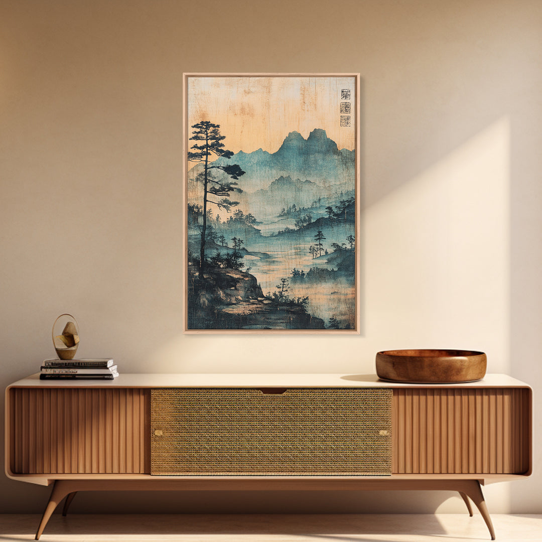 Blue Mist Mountain Landscape Wall Art, Japanese Ink Painting Print, Zen Nature Wall Decor, Japandi Living Room Decor Gift
