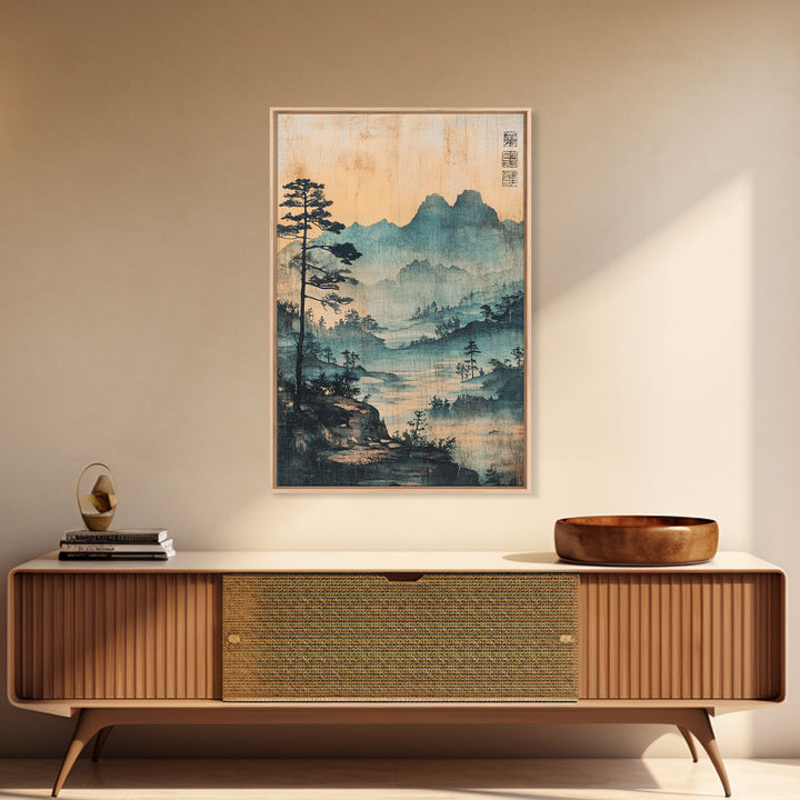 Blue Mist Mountain Landscape Wall Art, Japanese Ink Painting Print, Zen Nature Wall Decor, Japandi Living Room Decor Gift