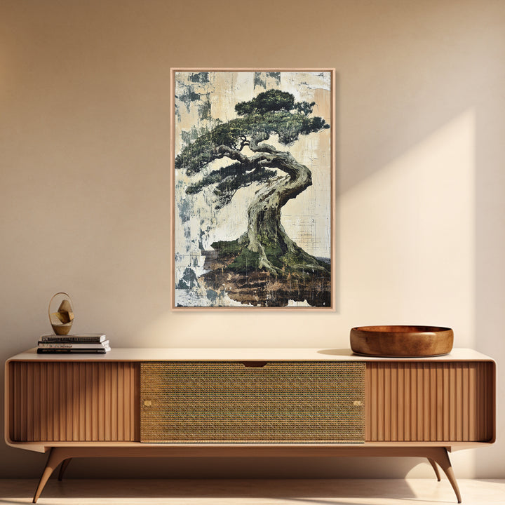 Twisted Windswept Bonsai Tree Wall Art, Japandi Nature Print, Zen Home Decor, Botanical Wall Decor, Framed Canvas Print, Office Decor