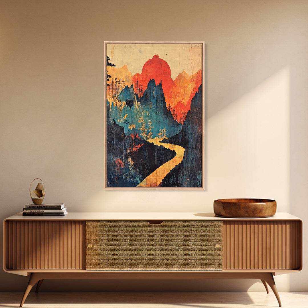 Red Sun Mountain River Wall Art, Abstract Landscape Print, Japandi Wall Decor, Organic Modern Art, Large Canvas Print, Statement Artwork