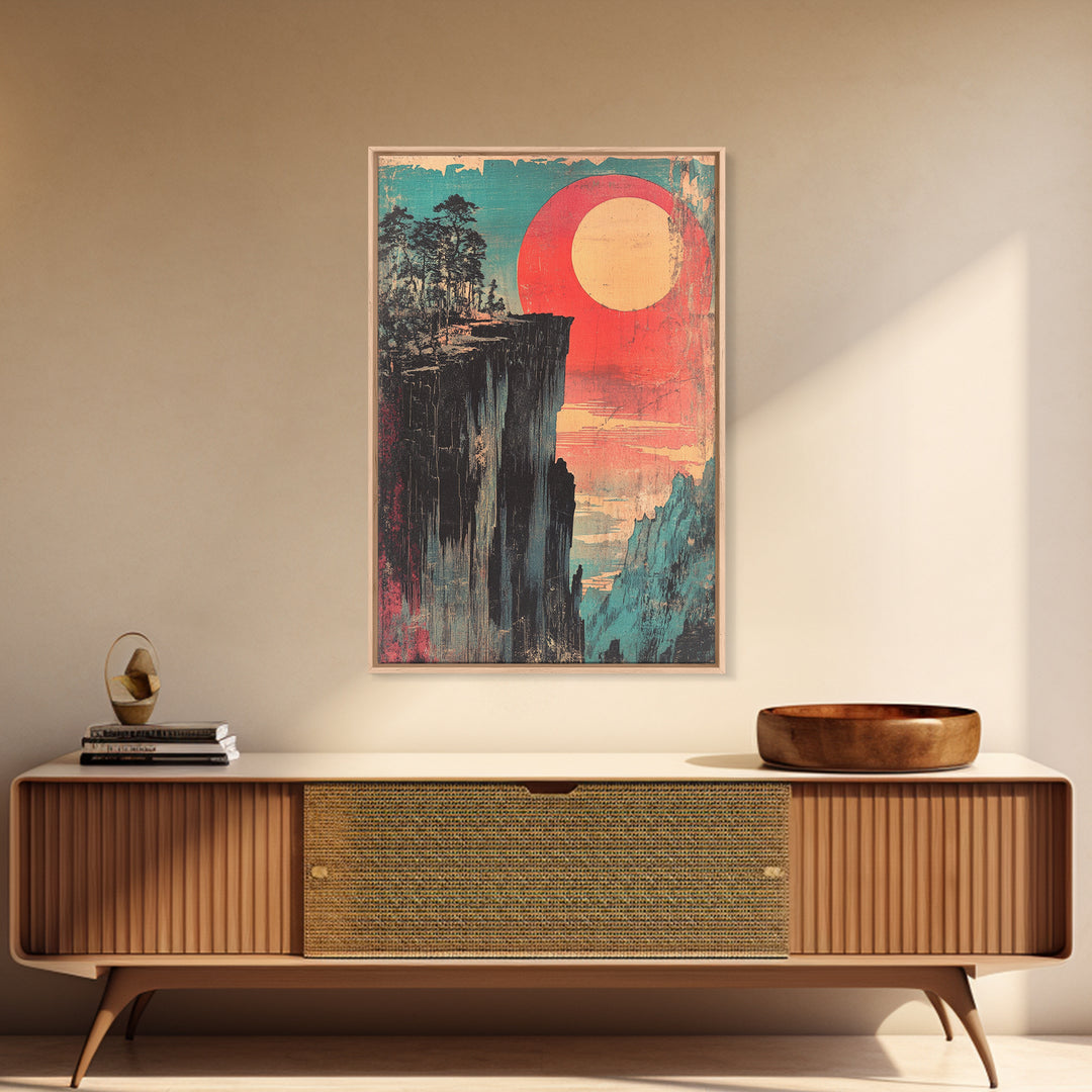 Cliffside Forest With Red Sun Wall Art, Retro Japanese Print, Japandi Decor, Bold Landscape, Framed Canvas Print, Large Wall Art