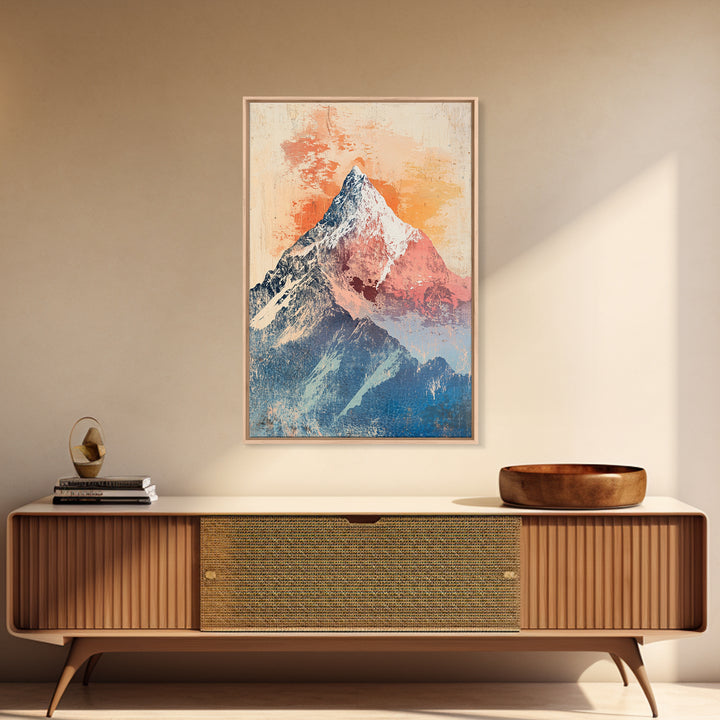 Snowy Alpine Mountain Peak Wall Art, Pastel Landscape Print, Nature Wall Decor, Bedroom Decor, Framed Canvas Print, Blue Bedroom Art