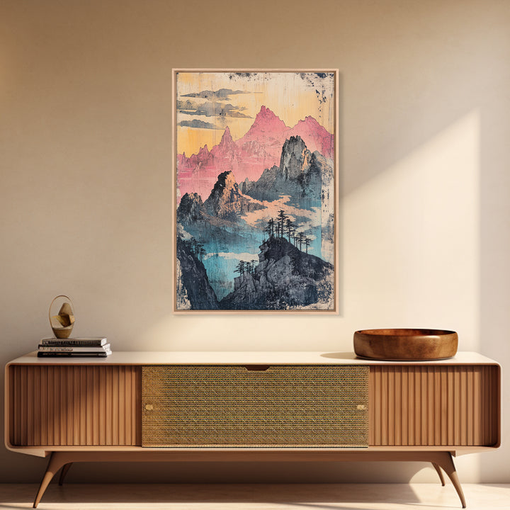 Misty Pink Mountain Range Wall Art, Abstract Landscape Print, Japandi Wall Decor, Gallery Wall Art, Large Canvas Print, Pastel Wall Art