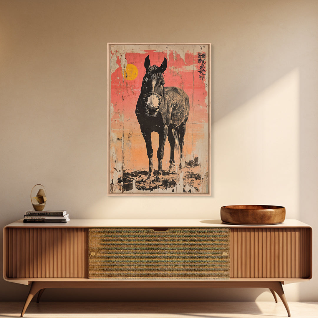 Black Horse Portrait At Sunset Framed Canvas Print, Equestrian Wall Art, Western Decor, Horse Lover Gift, Rustic Home Decor