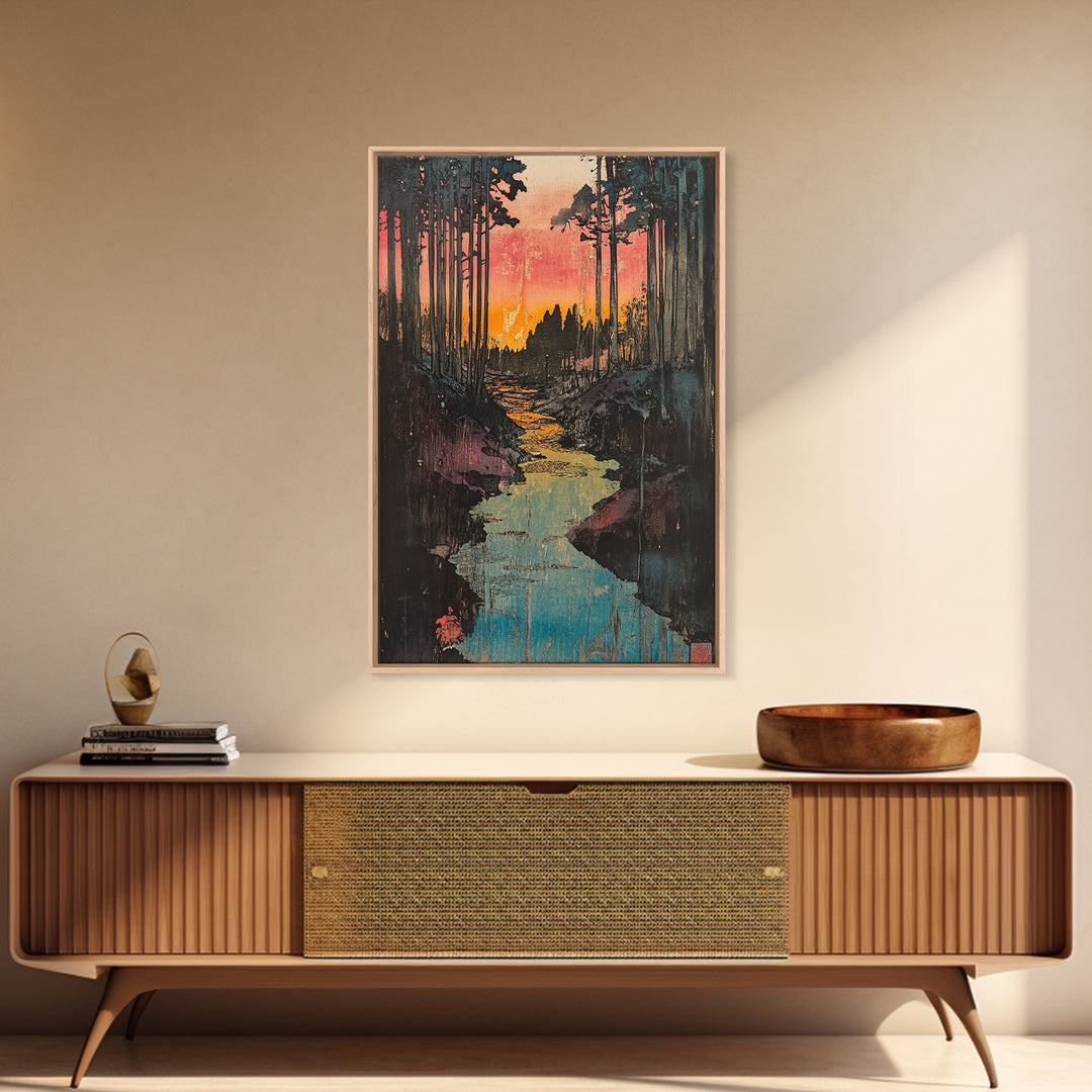 Sunset Forest River Canvas Print, Japanese Landscape Wall Art, Nature Wall Decor, Rustic Home Decor, Calming Living Room Art