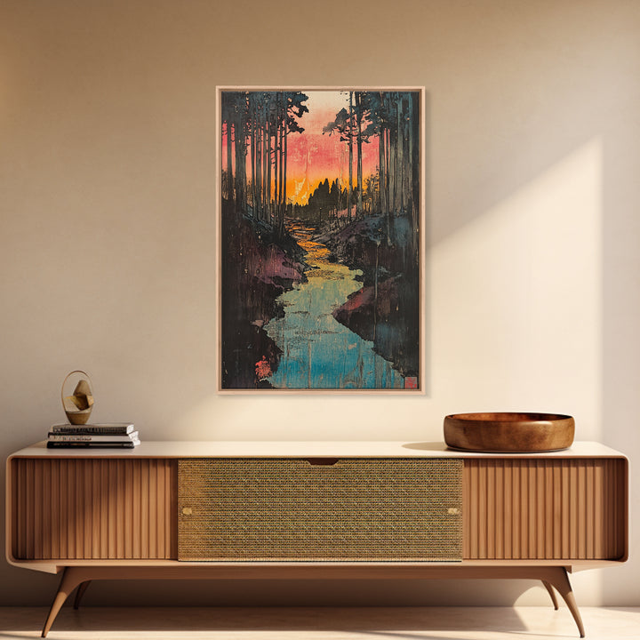 Sunset Forest River Canvas Print, Japanese Landscape Wall Art, Nature Wall Decor, Rustic Home Decor, Calming Living Room Art